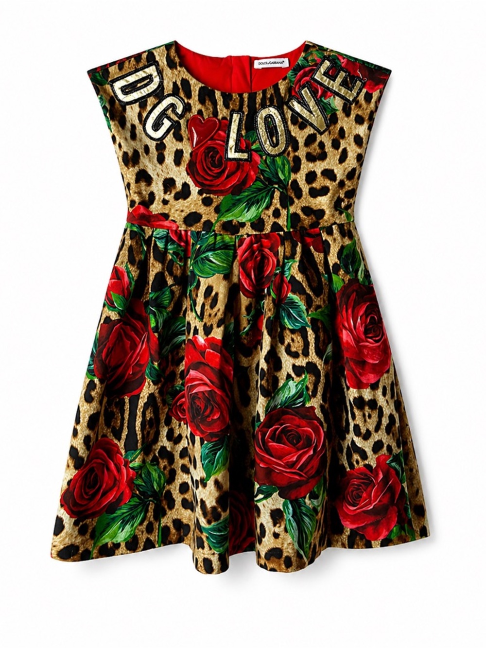 Dolce & Gabbana Kids Dress Size 3 Leopard Print Red Rose DG Love Designer Girls